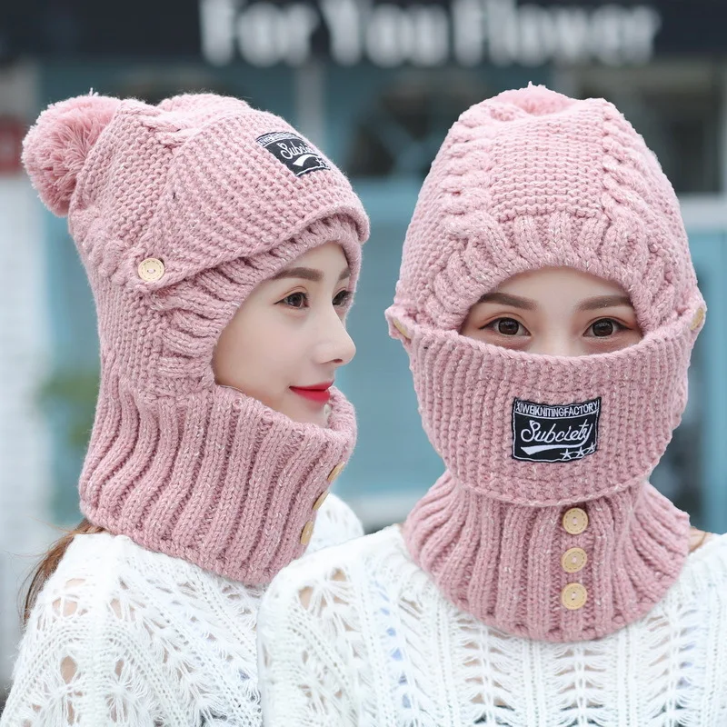 2022 New Winter Knitted Beanies Women Thick Warm Skullies Hat Female Balaclava Bonnet Outdoor Riding Solid Color Sets Wholesale