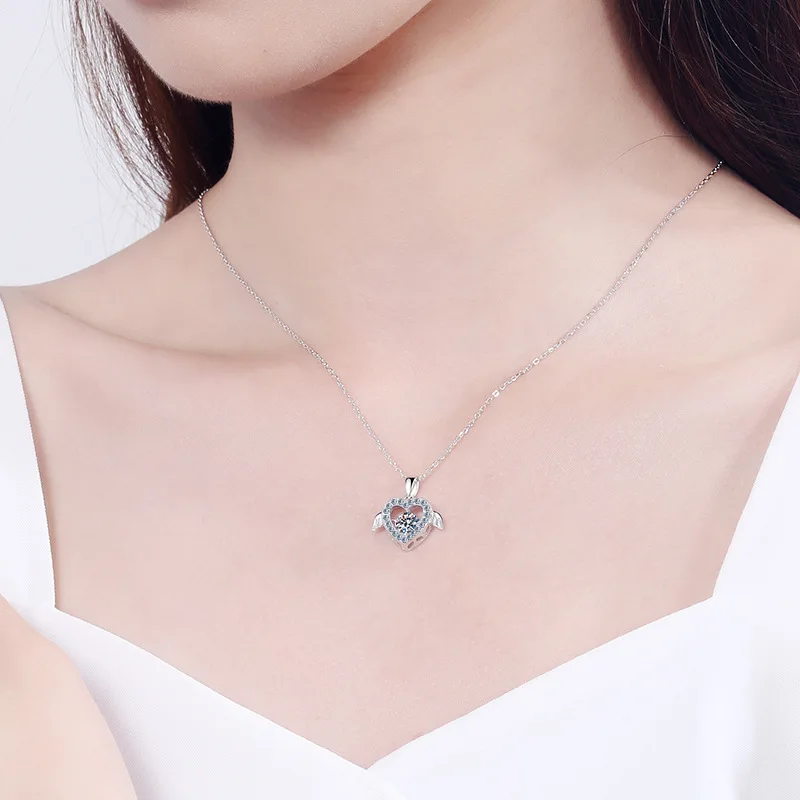 S925 Sterling Silver Moissanite Necklace, Women's Flying Heart Collarbone Chain Plated with Pt950 Gold