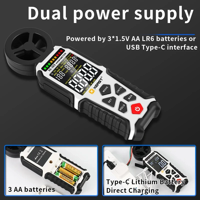 XEAST XE-365 Digital Wind Speed Meter  Measures Airflow & Temp Simultaneously Vane Sensor for Fast Response, Ideal for HVAC