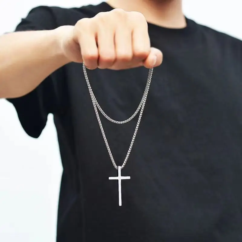 New Smooth Cross Necklace Men\'s Titanium Steel Versatile Long Cross Pendant Sweater Chain Accessories