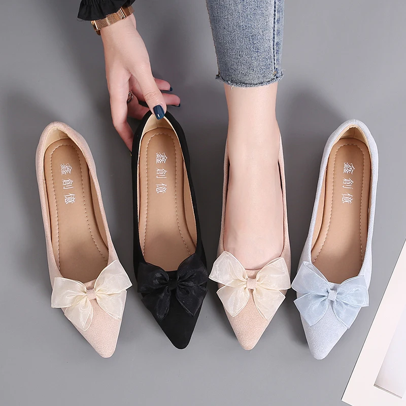 Bowknot Luxury Women\'s Flat Shoes Pointed Toe Shoes Large Size Work Shoes Soft Bottom Comfortable Ballet Flat Maternity Shoes