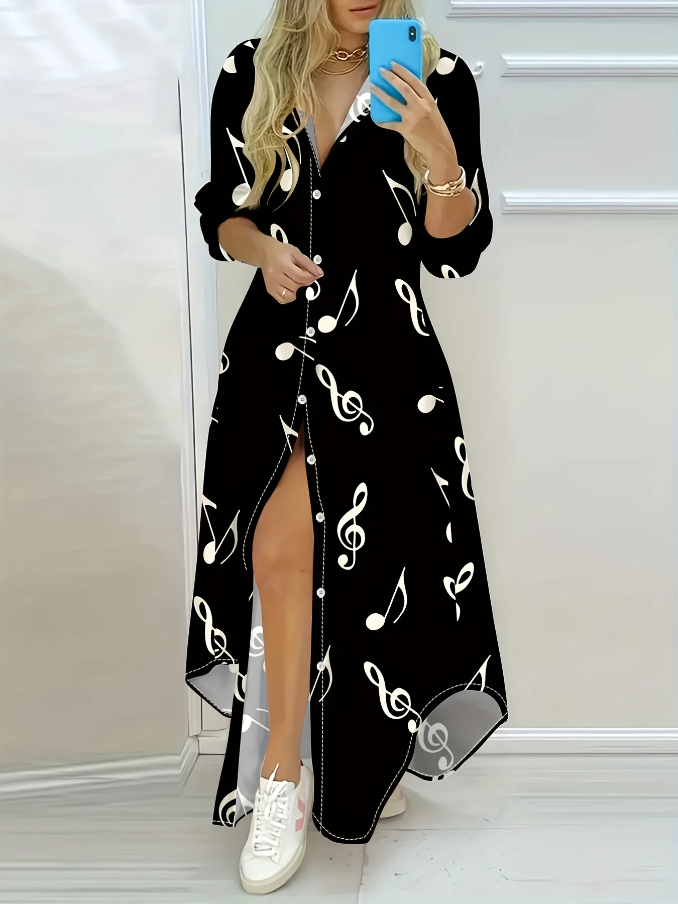 Printed Design Casual style white musical note pattern long sleeved dress