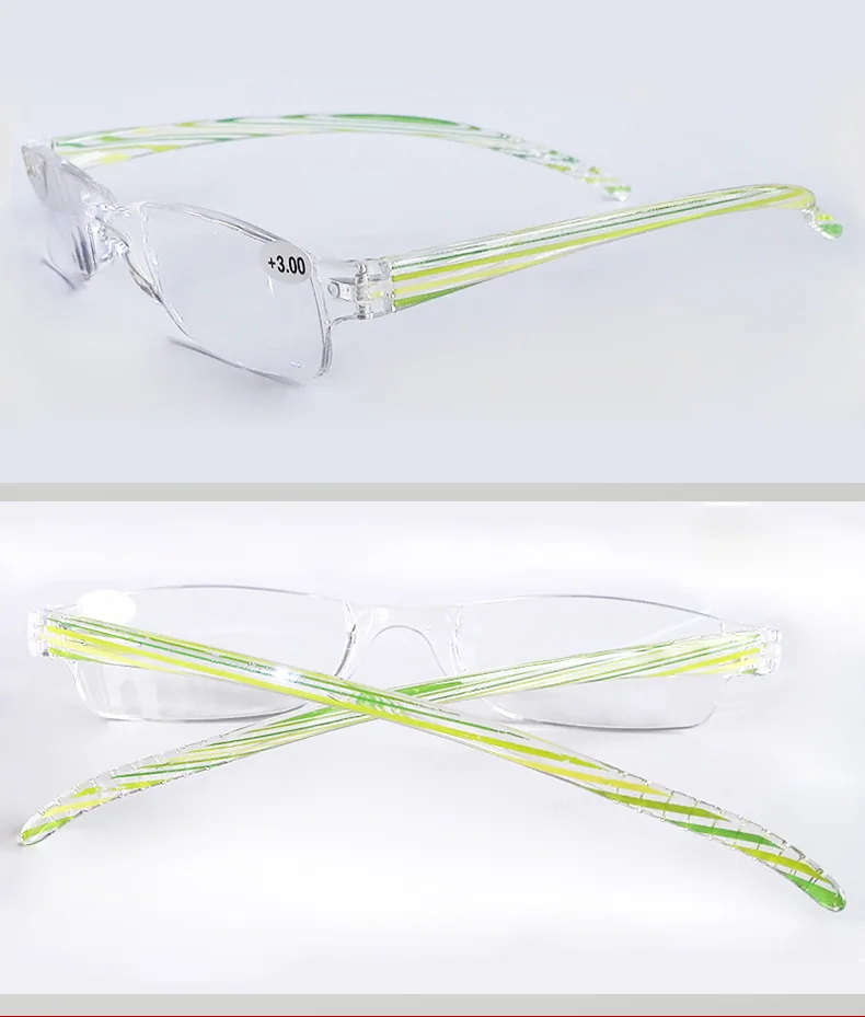 +1,0 ~ +4,0 Tragbare Weitsichtbrille Unisex Ultraleichte Lesebrille Rahmenlose Lesebrille aus Kunstharz mit halbem Rahmen – Detail 13