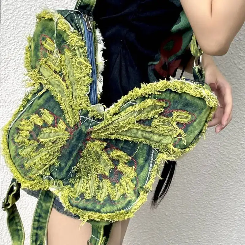 Fashion Butterfly Embroidery Shoulder Bags Y2k Aesthetic Trendy Women Casual Backpacks Vintage Denim Haruku Crossbody Handbags