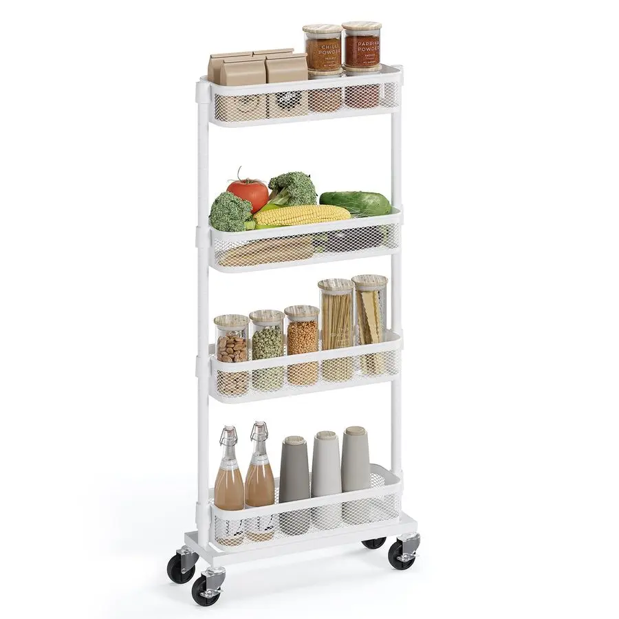 

Slim Storage Cart, 4Tier Metal Rolling Cart with Wheels, Flexible Baskets, Narrow Cart for Kitchen, Bathroom, Laundry Room, Easy