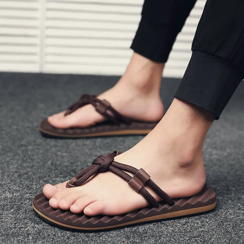 

Roman Style Braided Anti-slip Male Flip Flops Slipper Casual Clappers 2025 Rubber Slides High Quality Fashion Adult Men's Shoe