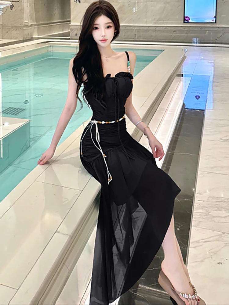 

2025 Black Mesh Ruffled Elegant Luxury Long Dress Women Korean Vintage Chic Sling Sexy Dress Summer Pleated Bodycon Bandage Robe