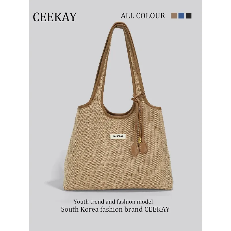 

Новая соломенная сумка-тоут CEEKAY 2026, натуральная плетеная сумка через плечо с кожаной отделкой, повседневная сумка-хобо для женщин, модная пляжная сумка через плечо