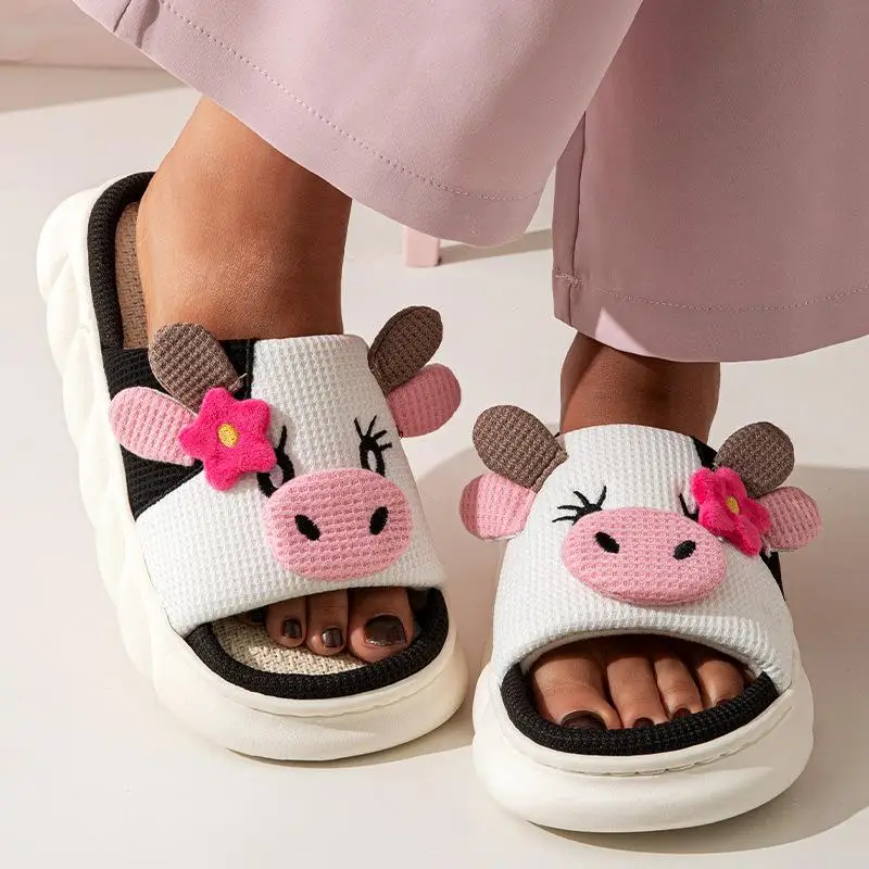 

Casual Platform Slippers Women Home Cute Cartoon Cow Designer Shoes Girls Fashion Popular Elegant Indoor Slipper Flats Open Toe