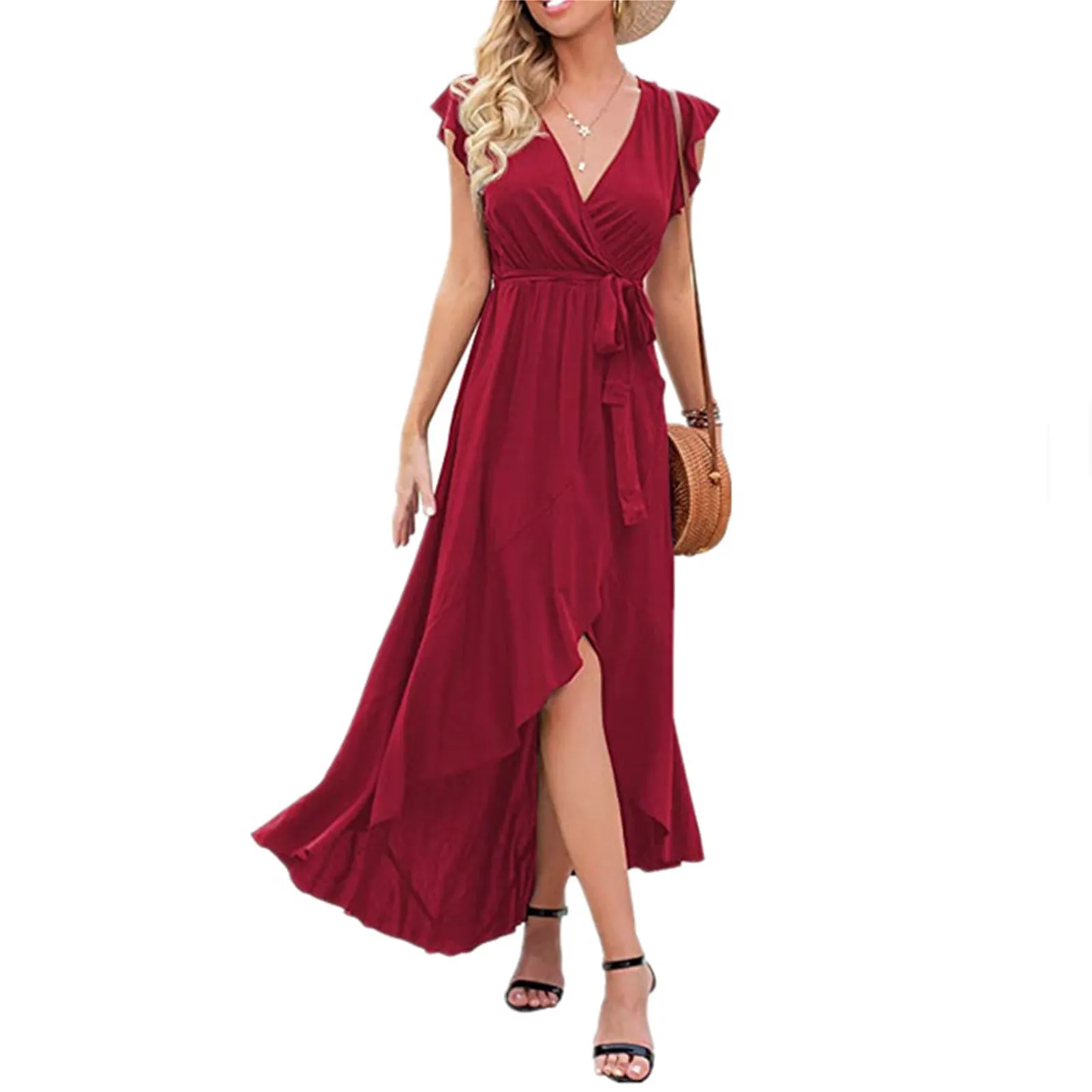 

Elegant Ruffles Lace Up Tank Dress Women Summer Sleeveless V-Neck Dress Slim Waist Irregular Hem Evening Party Female Dresses