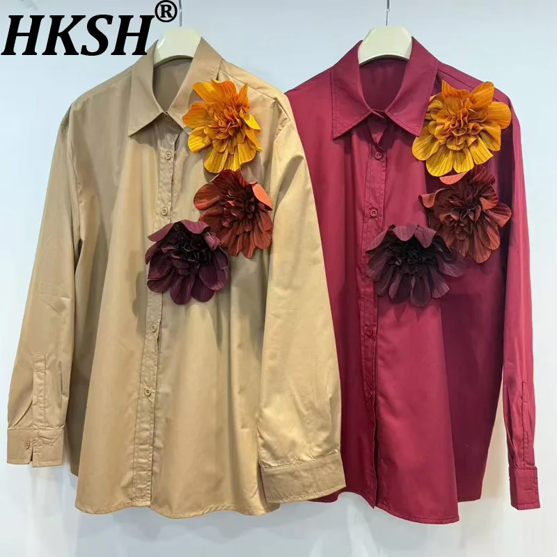 

HKSH Spring Autumn New Women Shirt Three-dimensional Flower Color Block Single Breasted Long Sleeves Trend Casual Blouse HK16445