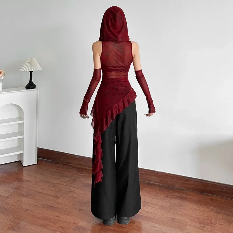 ملابس الشارع الشهير 90s الجرونج شبكة انظر من خلال مقنعين القمم سايبر Y2K غير النظامية هيم الكشكشة هوديي المرأة بلوزة ضئيلة مع الأصفاد #4