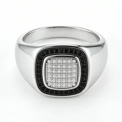 VANAXIN Iced Out Square Rings for Men Black Cubic Zirconia Jewelry Hip Hop Gift Fashion Accessories Silver Color