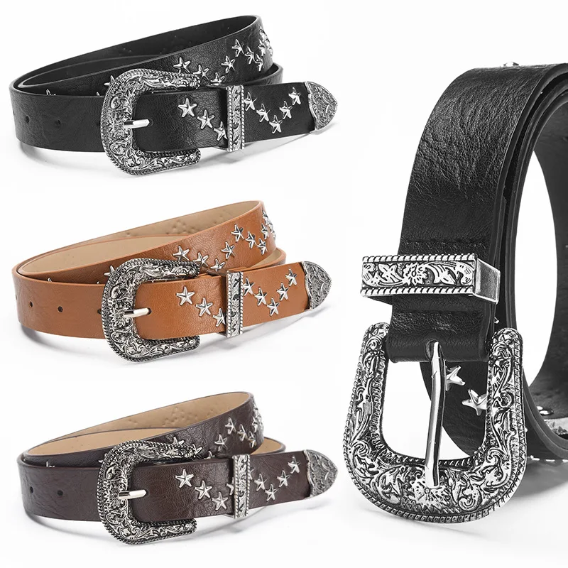 Cinturón de estrella de cinco puntas con remaches, cinturón ancho de estilo Punk a la moda, pantalones vaqueros personalizados para mujer, cinturón Universal para mujer