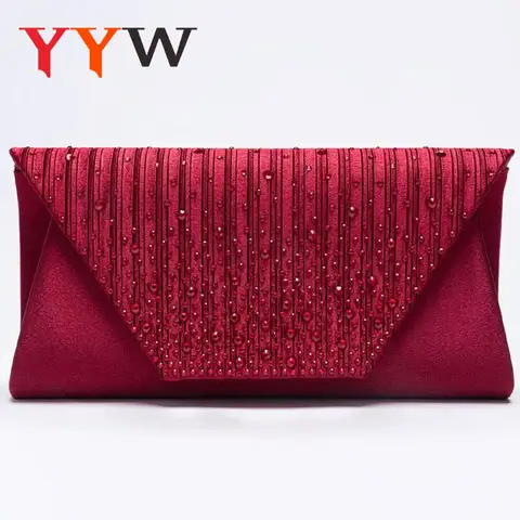 Wine Red Clutch Handbag Colorful Rhinestone Beads Envelope Bag Women Evening Wedding Banquet Shoulder Purse Pleated Satin Bag