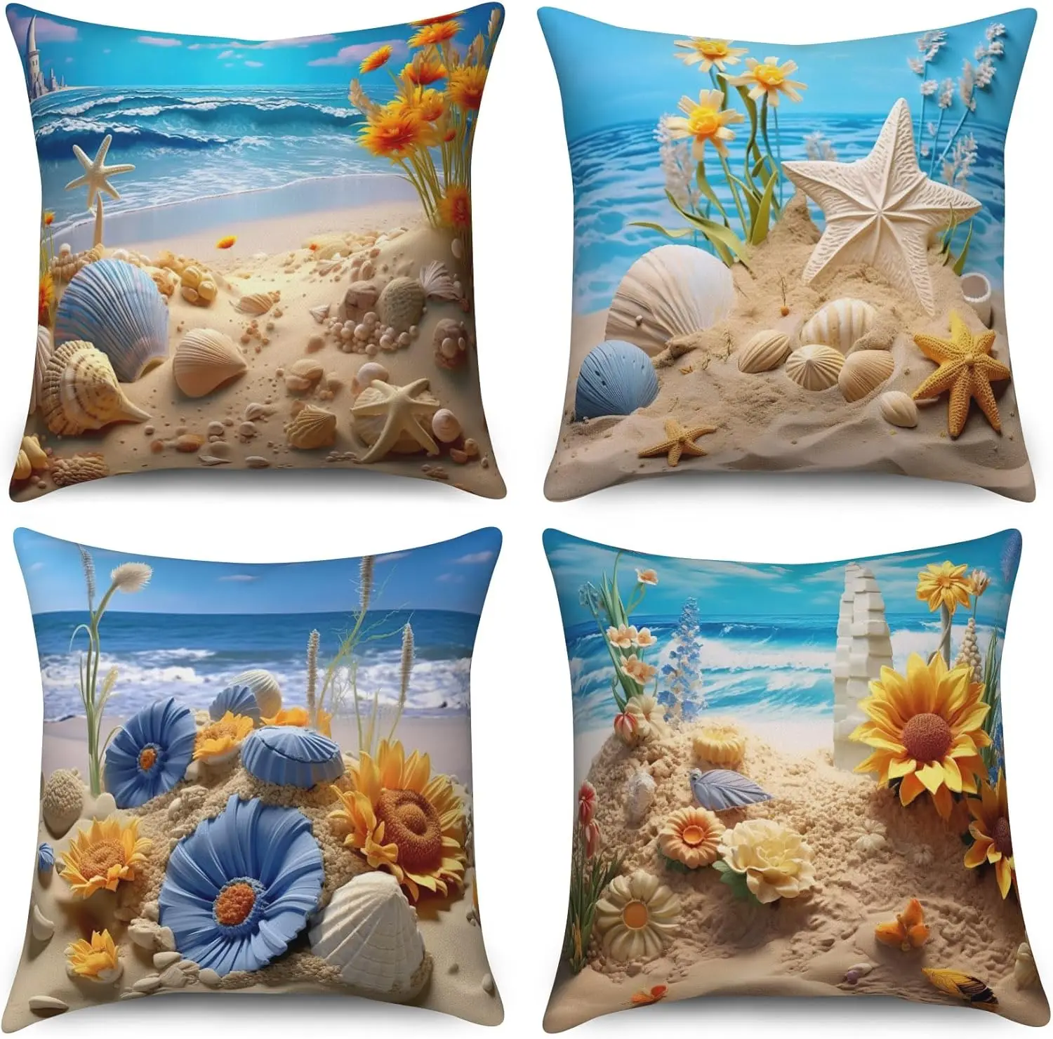 4pcs 3D Beach Shell Starfish Ocean Wave Printed Pillow Cover Polyester Cushion Case 2D Flat Summer Vacation Home Decor Now