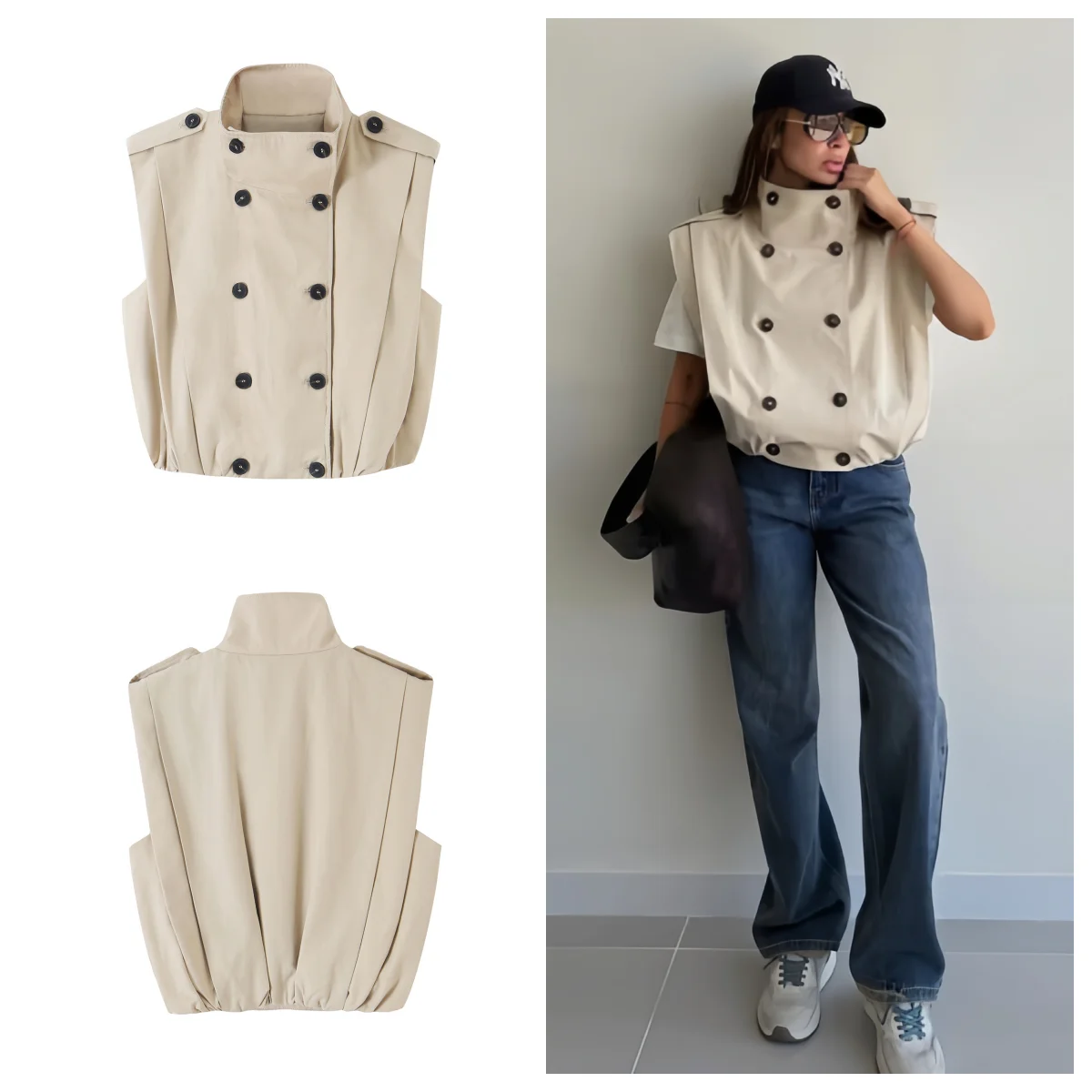 Casual Chic Women Tank Vest Top Stand Collar Double Breasted Sleeveless Top Fashion 2026 Summer Fall Office Blazer Vest