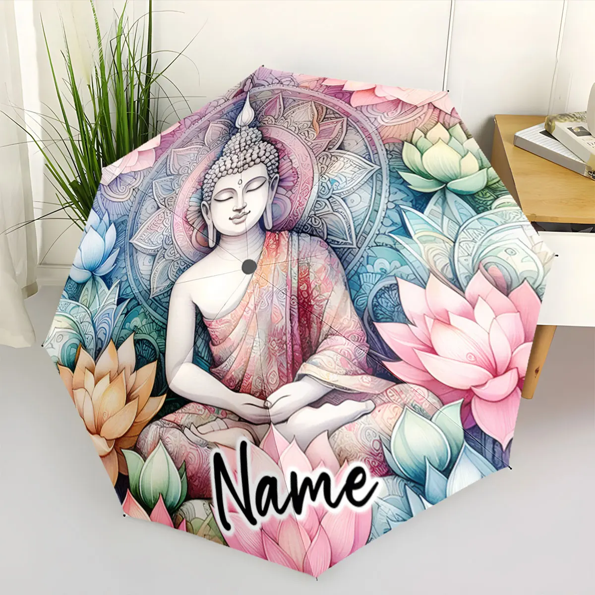 Custom Name Umbrella Tranquil Buddha and Lotus Design Umbrella Print 8 Iron Ribs Folding Umbrella Auto-Open Fashion Sunshade