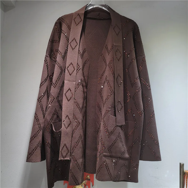 HKSH Autunno Nuove Donne di Modo Del Stile Pigro Maglione Cardigan Casual Alla Moda Borchiato Diamanti Tendenza Modello Argyle Top Giacca HK10037