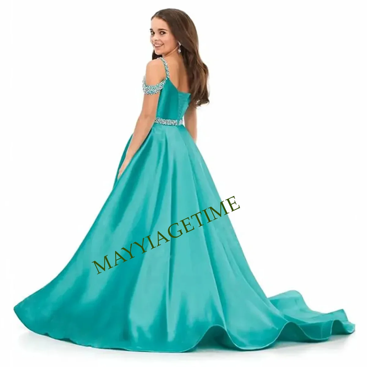 Vestidos de noite elegantes de cetim para meninas, vestido longo frisado para criança, fora do ombro, aniversariante, vestidos de festa de casamento