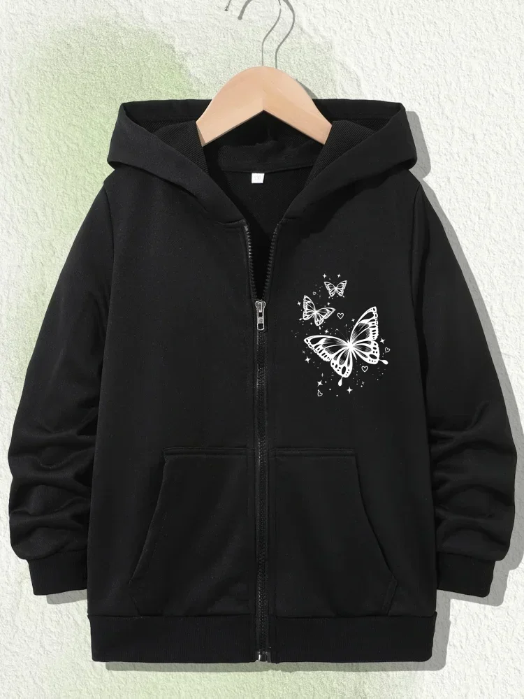 Little Girls Cute Star Heart Butterfly Print Zip Hoodie Kids Long Sleeve Fashion Loose Outdoor Hooded Outerwear