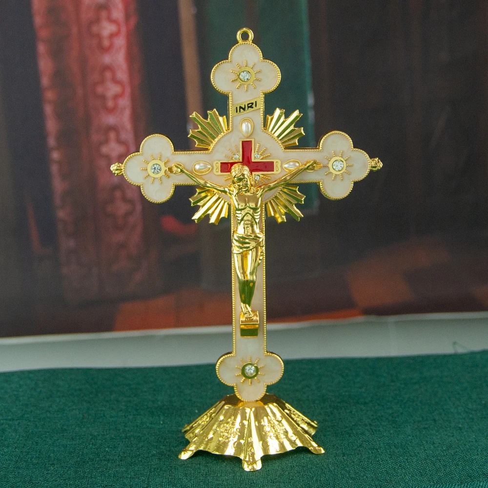 

HT Catholic Cross Beautiful Zinc Alloy Handmade Metal Table Crucifix Vertical Removable Table Stand Jesus Cross Prayer Cross