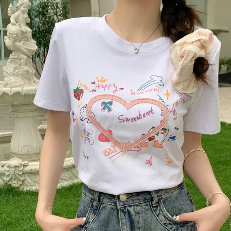 2024 Summer New Short-sleeved T-shirt Women Korean Graffiti Embroidery Versatile Y2k Tops Sweet Casual Tees Female