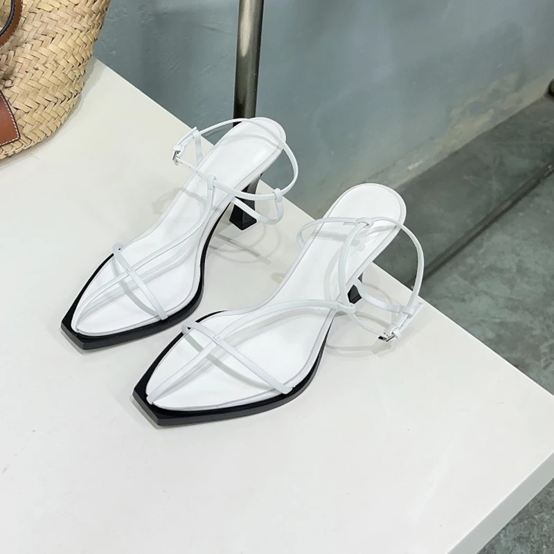 High Heel Women Sandal Small Square Toe Thin Heel T Strap Summer Shoe Narrow Band Design Buckle Roman Simple Style Sandals Women