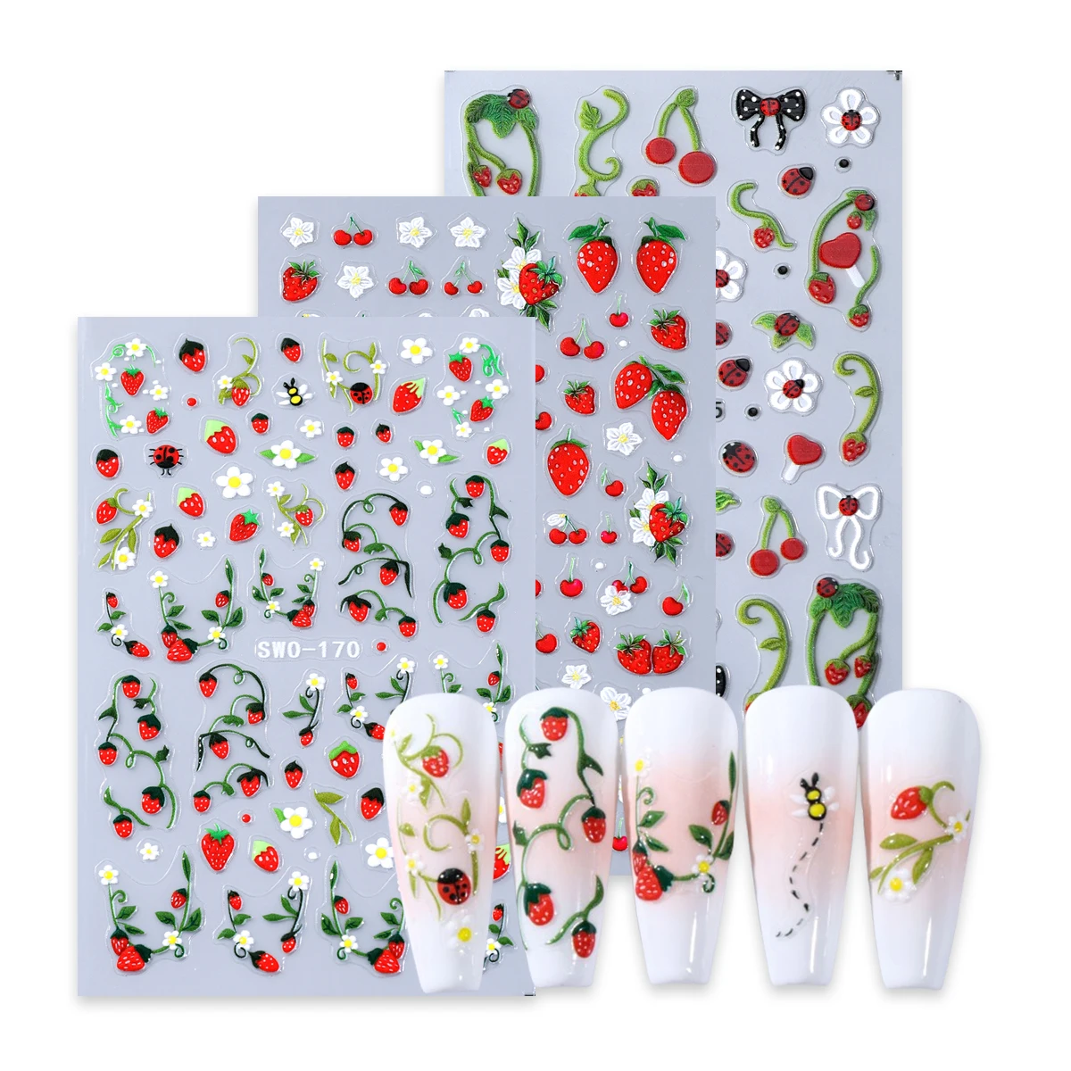 3pcs Schattige Bee & Lieveheersbeestje Matte Nagelsticker Aardbei Daisy Insecten Kersen Design Zelfklevende Sticker Zomer Sliders Manicure Folies - afbeelding 2