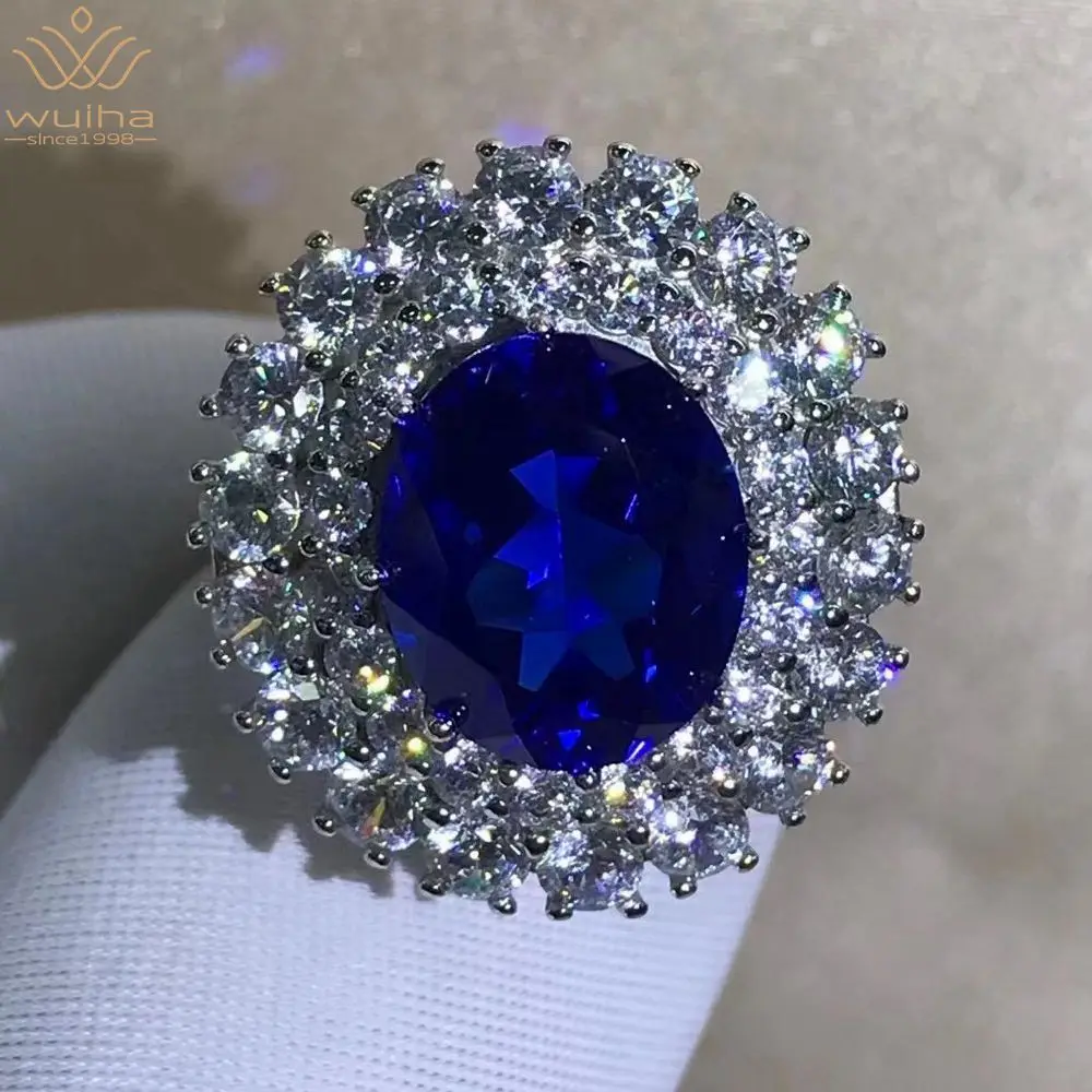 

WUIHA Real 925 Sterling Silver Oval 5CT Fancy Vivid Sapphire Created Moissanite Anniversary Ring for Women Gifts Drop Shipping