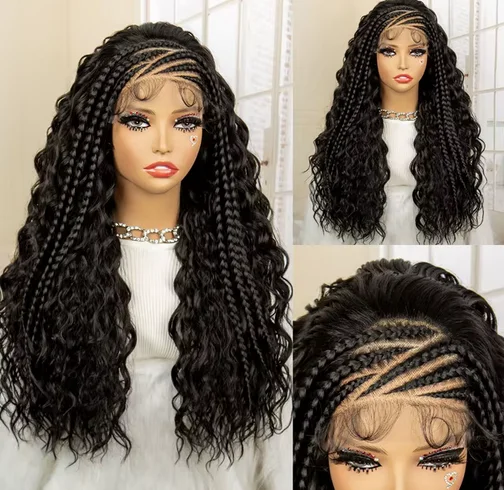 26 Inches Synthetic Lace Frontal Cornrow Braided Wigs with Baby Hair Curly Wave Wavy Braids Wig for African Black Women