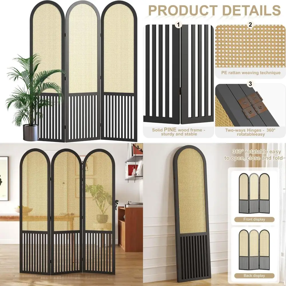 مقسم غرفة الروطان طويل القامة قابل للطي مع إطار خشبي - شاشة خصوصية منسوجة يدويًا للمنزل، قسم قائم بذاته #1