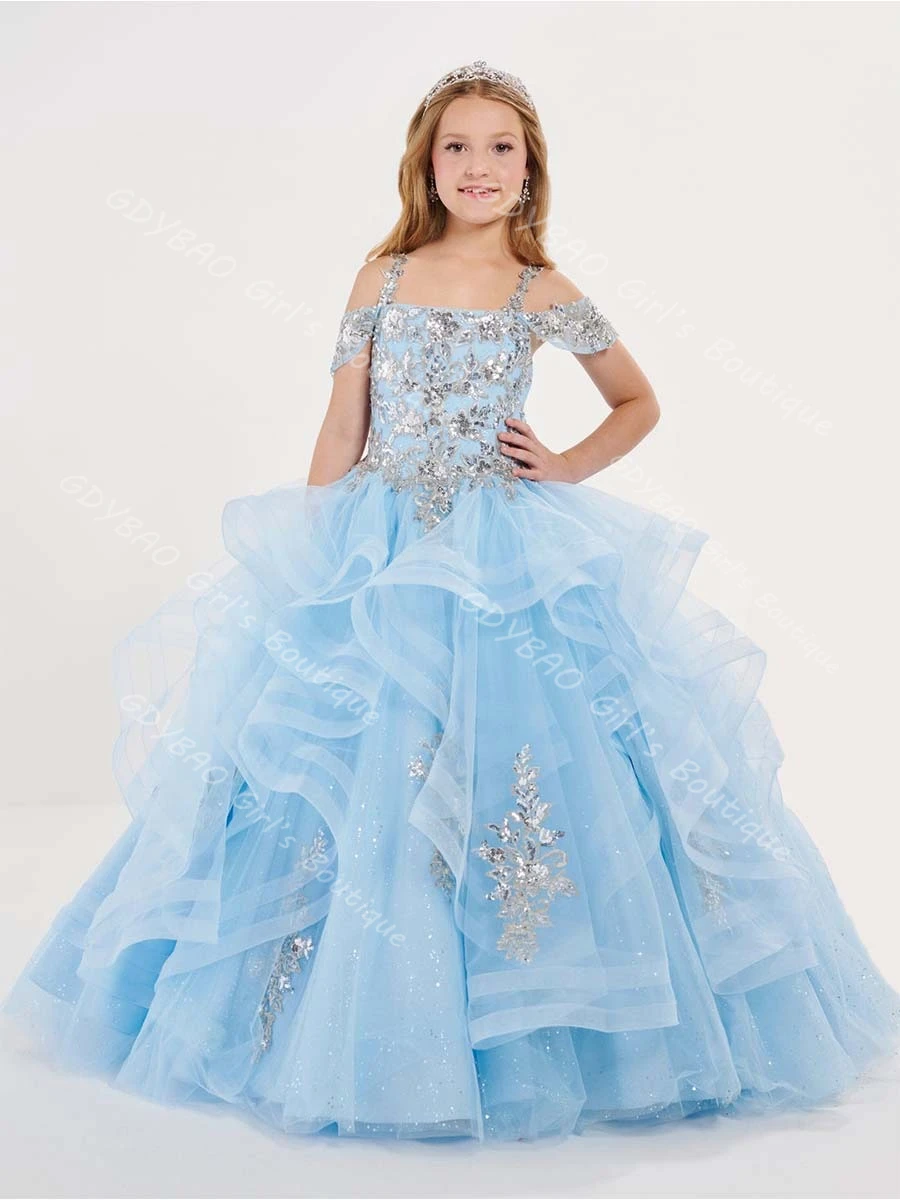 Gegolfde tule prinses optocht jurk voor meisjes riem drop schouder applique bruiloft bloemenmeisje jurk aangepaste partij baljurk