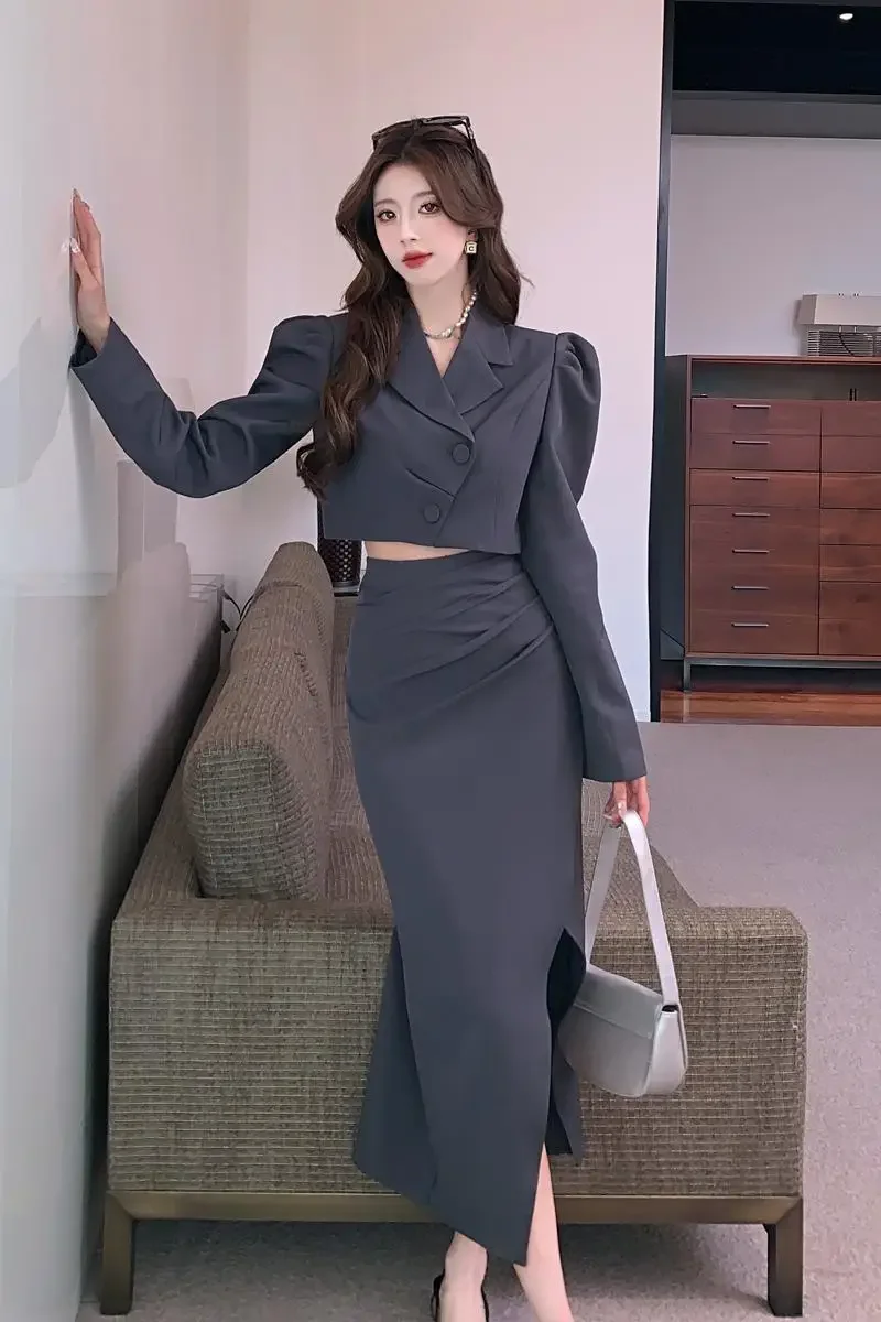 UNXX 2023 Korean Style Fashionable Bubble Sleeve Short Blazer Irregular Slit Midi Skirt Coord Set  Autumn Spring Office Lady Top