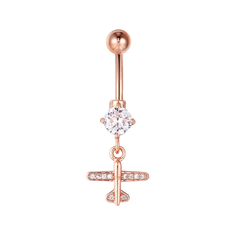 Crystal Airplane Dangle Navel Earring 16G Stainless Steel Bananabell Rose Gold Color Belly Button Piercing Rings Women Jewelry