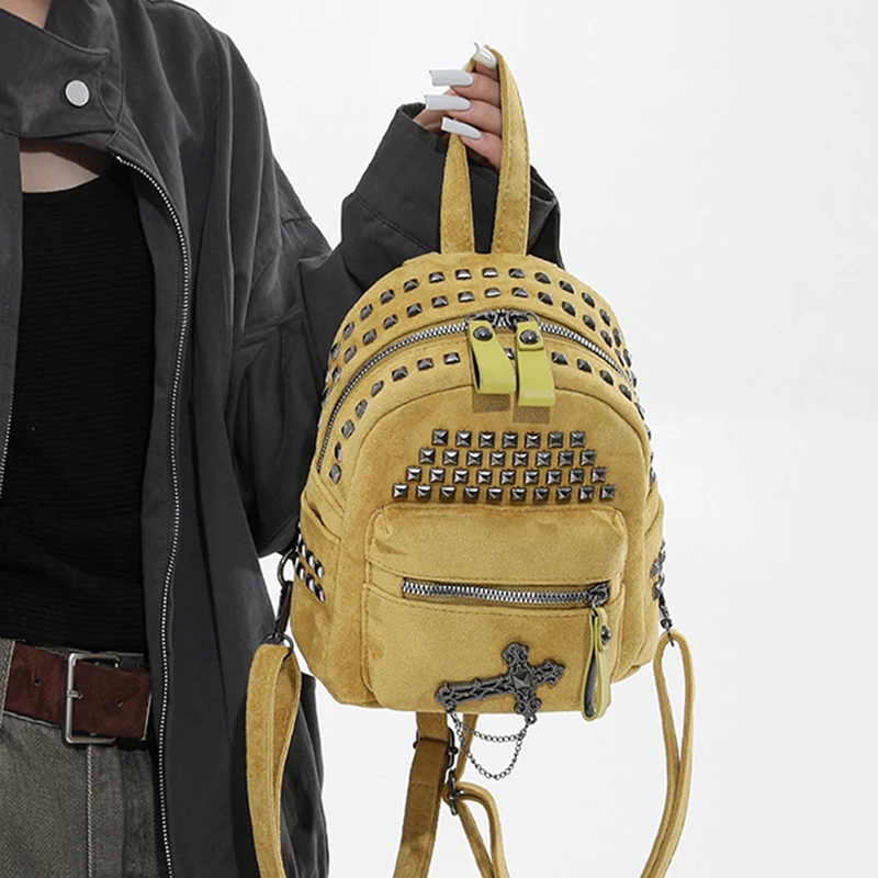 2026 New Punk Style Women Backpack Retro Suede Rivet Mini Small Backpack for Daily Leisure Commuting Hot Girl Backpack
