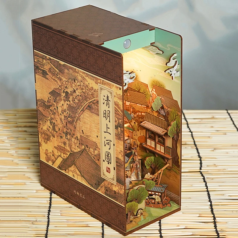 DIY Book Nook Shelf Insert Kits Wooden Miniature Building Kit Chinese Ancient Town Bookend Assembled Bookshelf Home Decoration