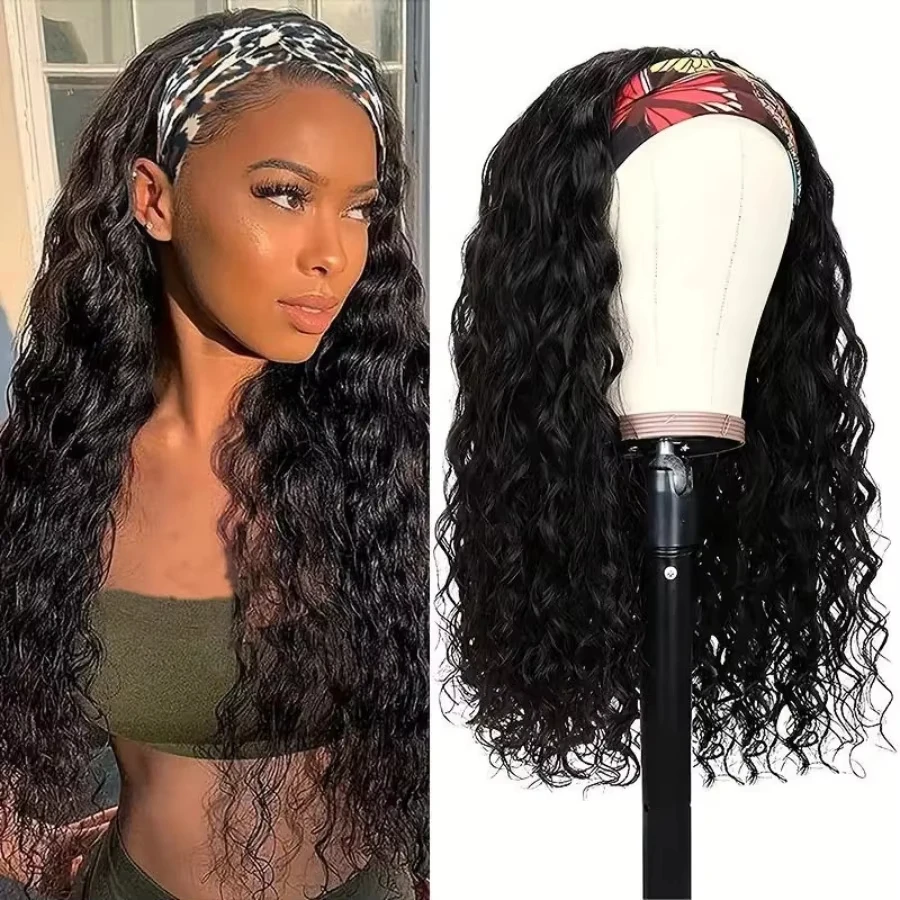 

Headband Wig Deep Wave Curly Wigs Human Hair Full Machine Made Easy Go 180 Density Wigs For Women Brazilian Water Scarf Wigs