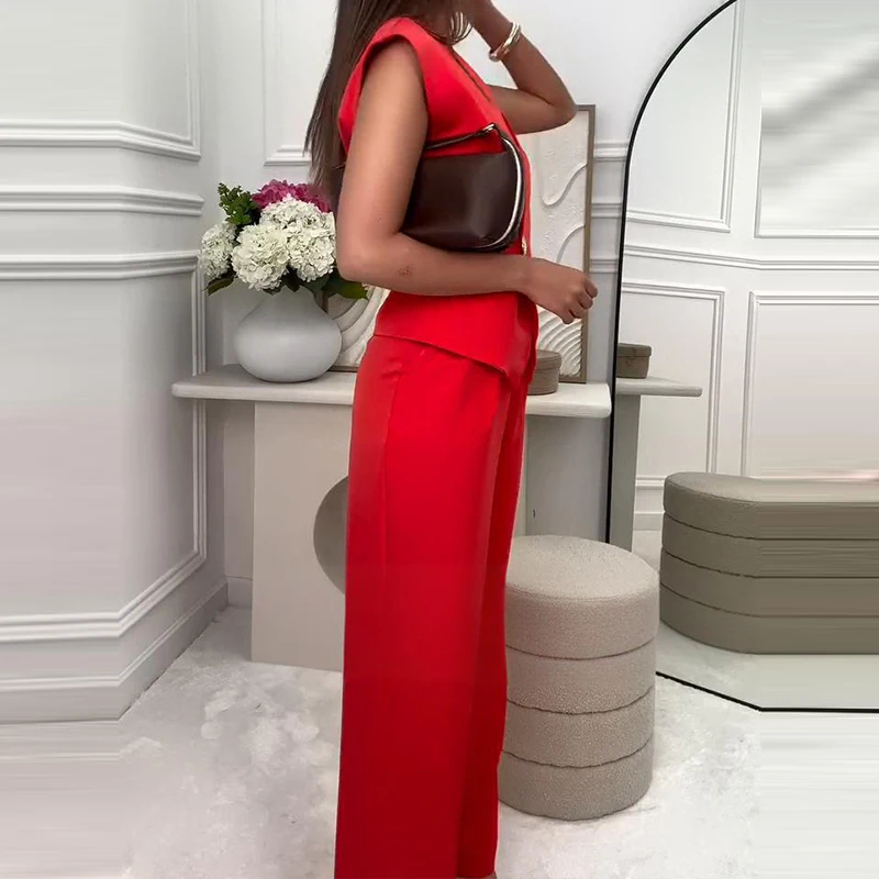 

2025 Sexy V-neck Tops & Long Pants Sets Fashion Commuter Sleeveless Buttons Solid 2Pc Outfits Women's Elegant Temperament Suits