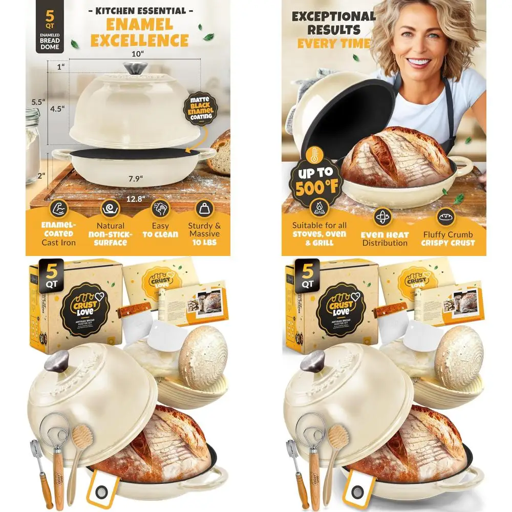 

Enamel Cast Iron Bread Pan with Lid for Sourdough and Yeast Baking, 5 Quart, Including Tools