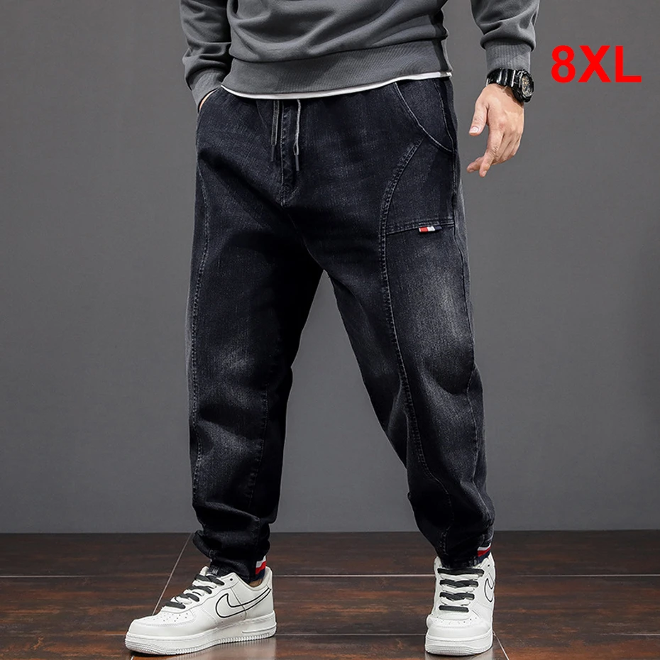 Plus Size 8XL Jeans Men Denim Pants Fashion Casual Elastic Waist Jeans Male Solid Color Jogger Pants Big Size 8XL