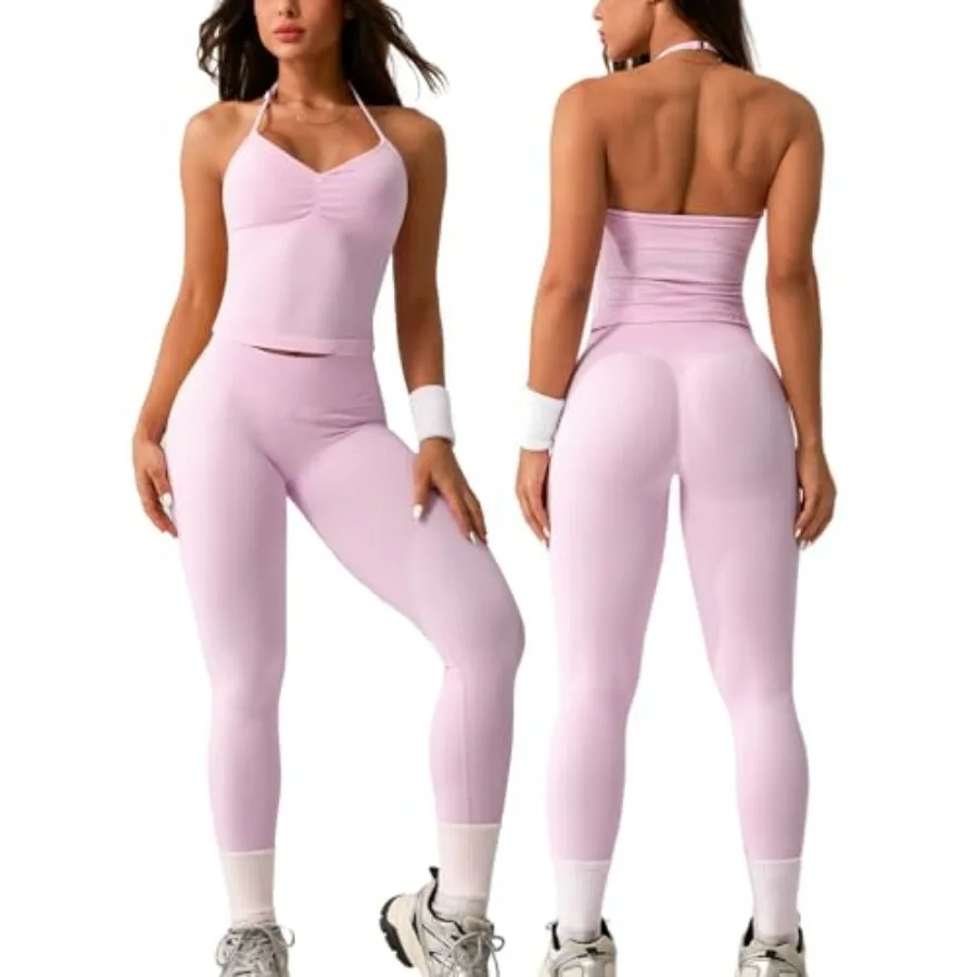 

2 Pcs Ribbed Seamless Workout Sets for Women No Front Seam High Waisted Yoga Leggings and Adjustable Halter Bra Work Out Set