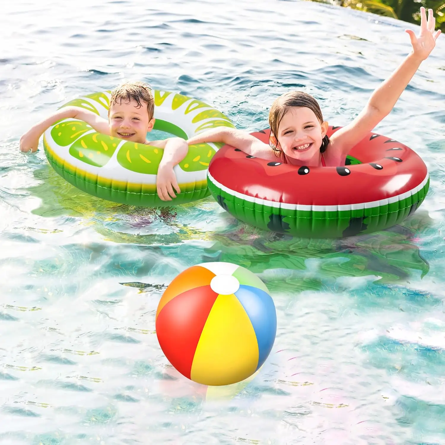7 peças flutuadores de piscina de frutas: melancia kiwi laranja limão anéis de natação com bolas de praia de 13.5 "tubos infláveis brinquedos flutuadores para ki