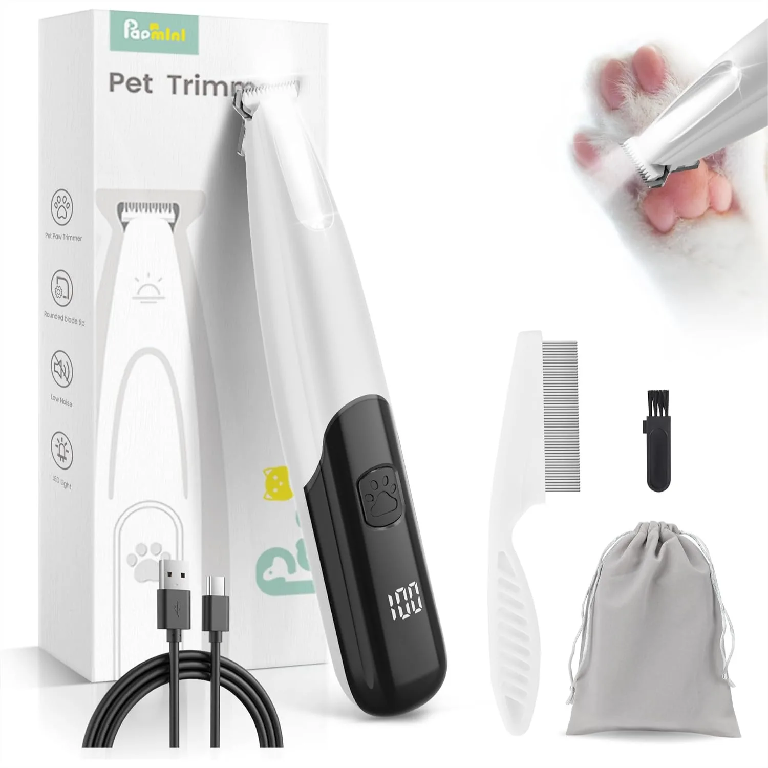 

Dog Paw Trimmer with LED Light, 35dB Low Noise Pet Grooming Clippers for Small Areas, 2 Speed Rechargeable Cat Shaver for Paws