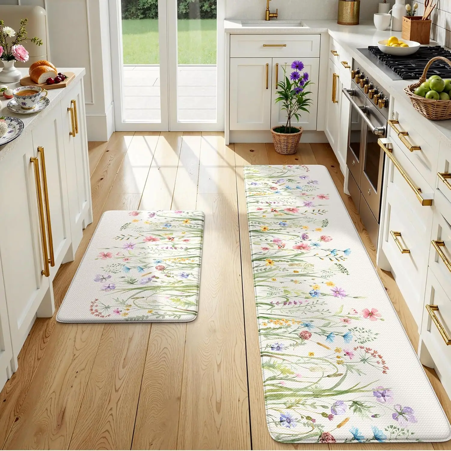 

Anti-Fatigue Kitchen Mats Set, Cushioned Floral Rugs with Memory Foam for Standing Desk, Office Sink - White 20"x71"+20"x32"