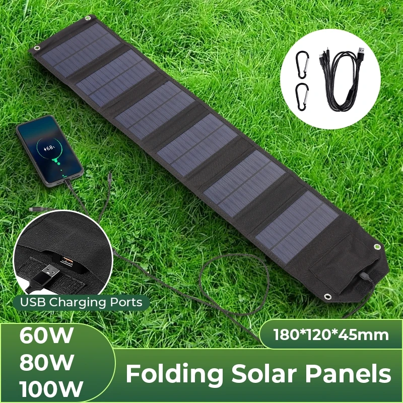 Painel Solar Dobrável de 60W 80W 100W com 6 Dobras, Carregador Solar Portátil USB 5V para Camping, Caminhadas e Carro