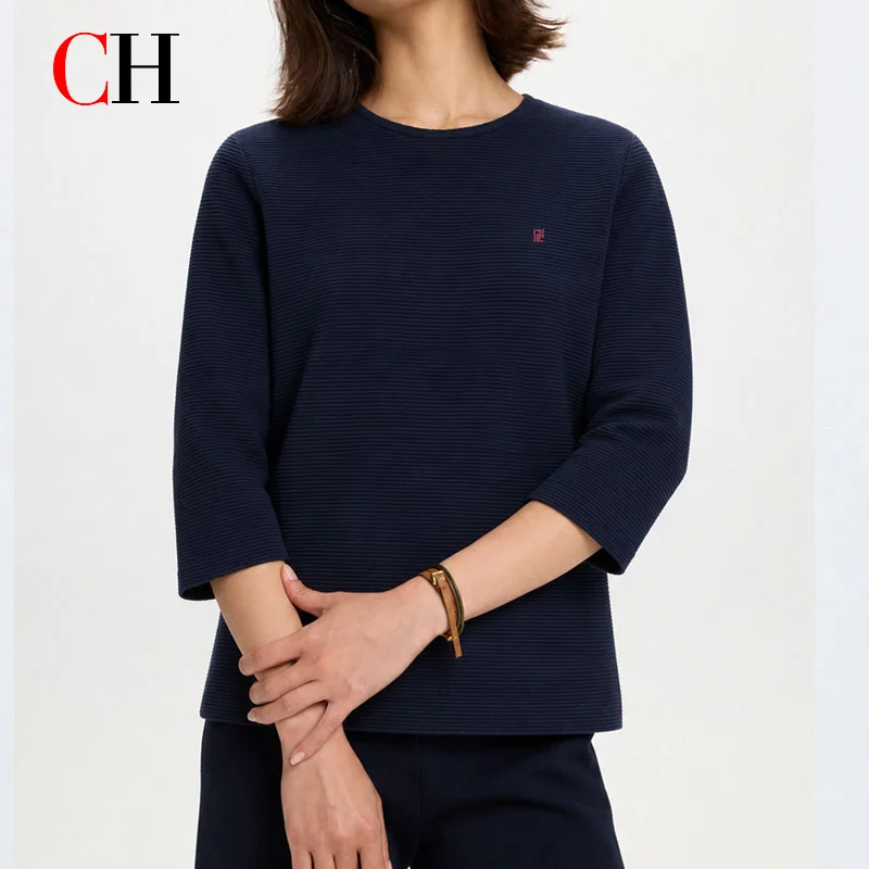 CH Women's Ribbed Knit Sweater Top Crew Neck 3/4 Sleeve Soft Casual Loose Fit Minimalist Daily Wear Pullover