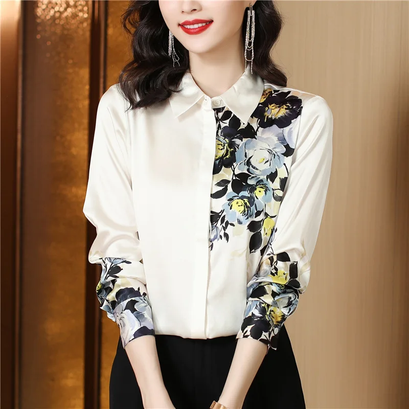 Elegant Printed Satin Shirts Women Fashion Long Sleeve Women Blouse 2024 Autumn Turn Down Collar Office Lady Casual Basic Tops