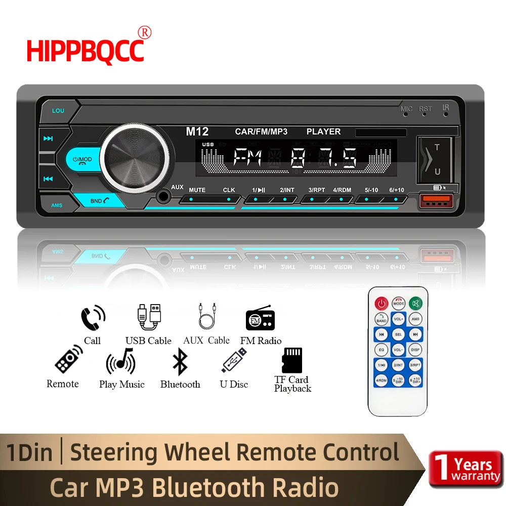 HIPPBQCC Radio estéreo para coche reproductor 1Din reproductor FM MP3 Digital Bluetooth Radio para coche Audio estéreo música USB/SD con entrada auxiliar en el tablero