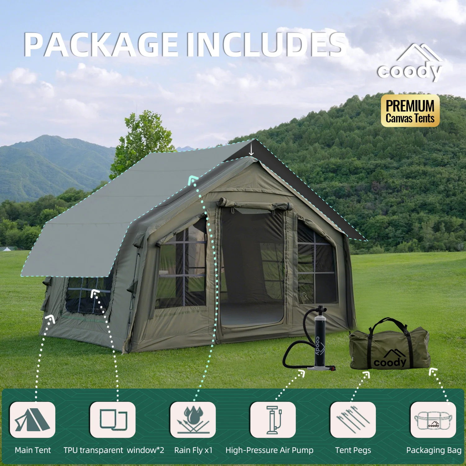 

8.0 Air Tent-Army Green Folding Camping Portable Outdoor Manufacture Outdoor Tent 3-6 Person Family Inflatable Tent